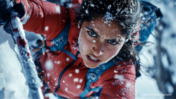 A person in a red jacket climbing a snowy, icy slope with climbing gear.